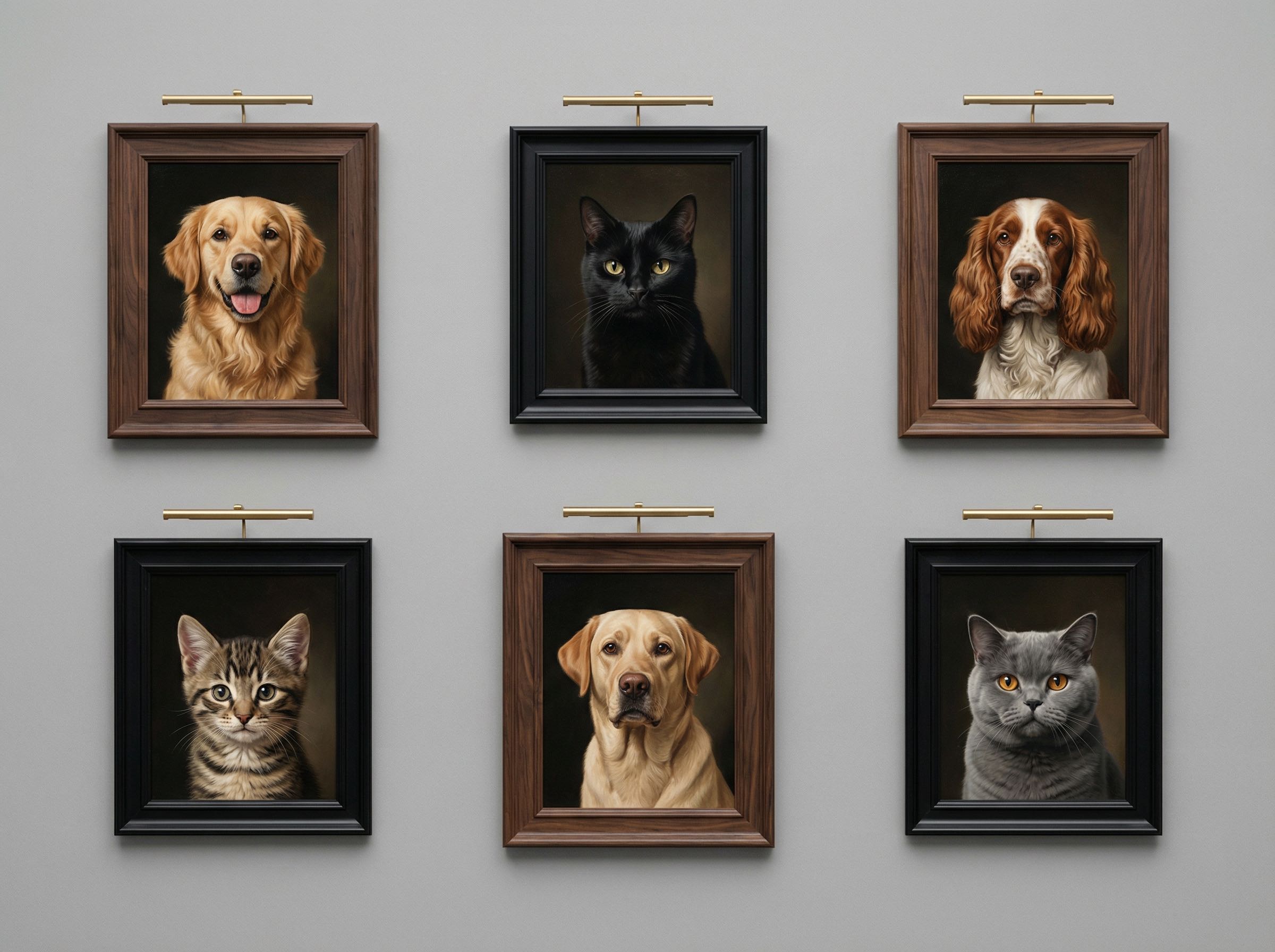 Gallery wall arrangement of framed luxury pet portrait artwork pieces in a curated grid pattern