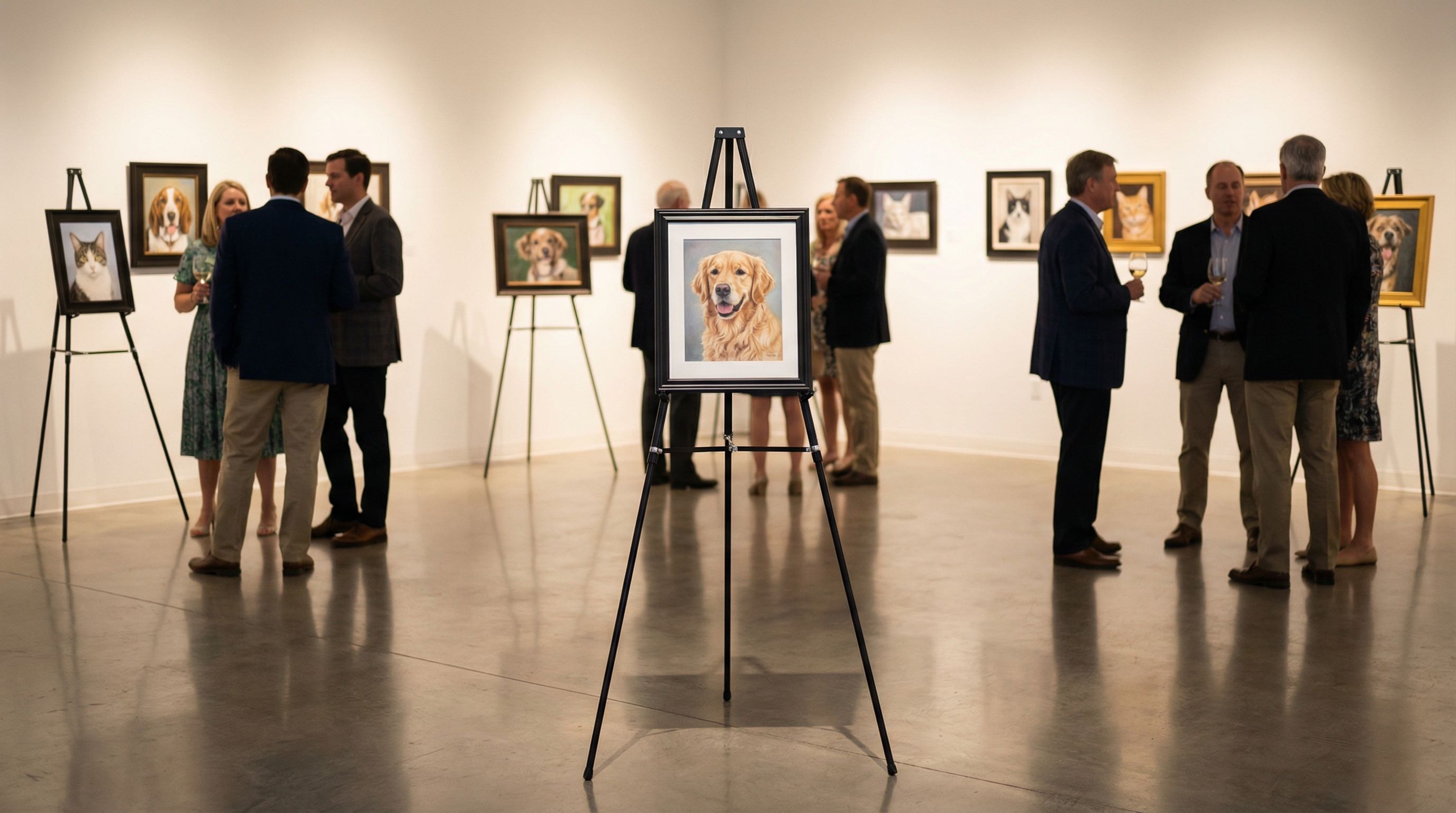 Corporate event space with multiple framed luxury pet portrait artwork pieces displayed on easels