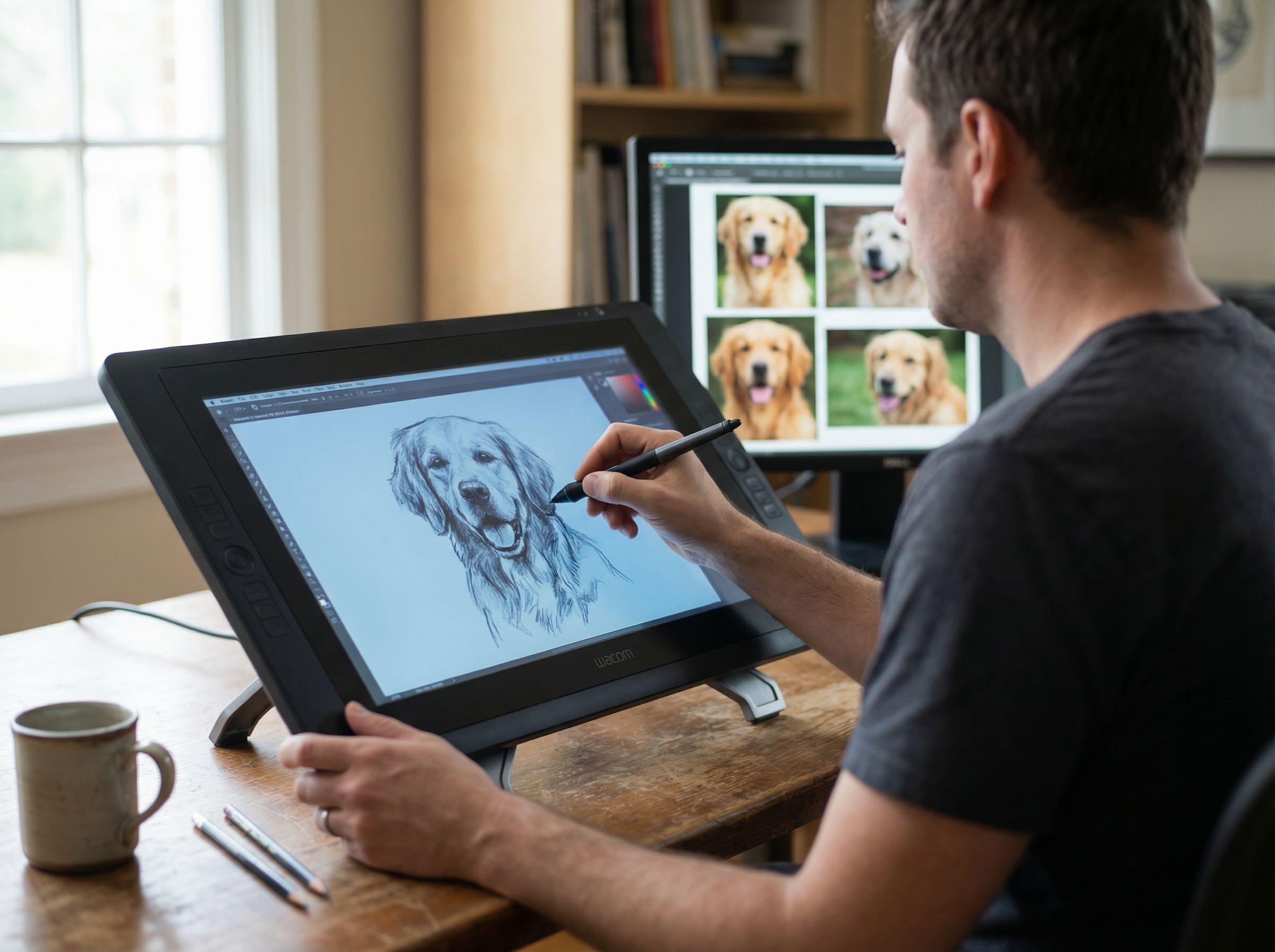 Digital artist working at a professional workstation creating luxury pet portrait artwork