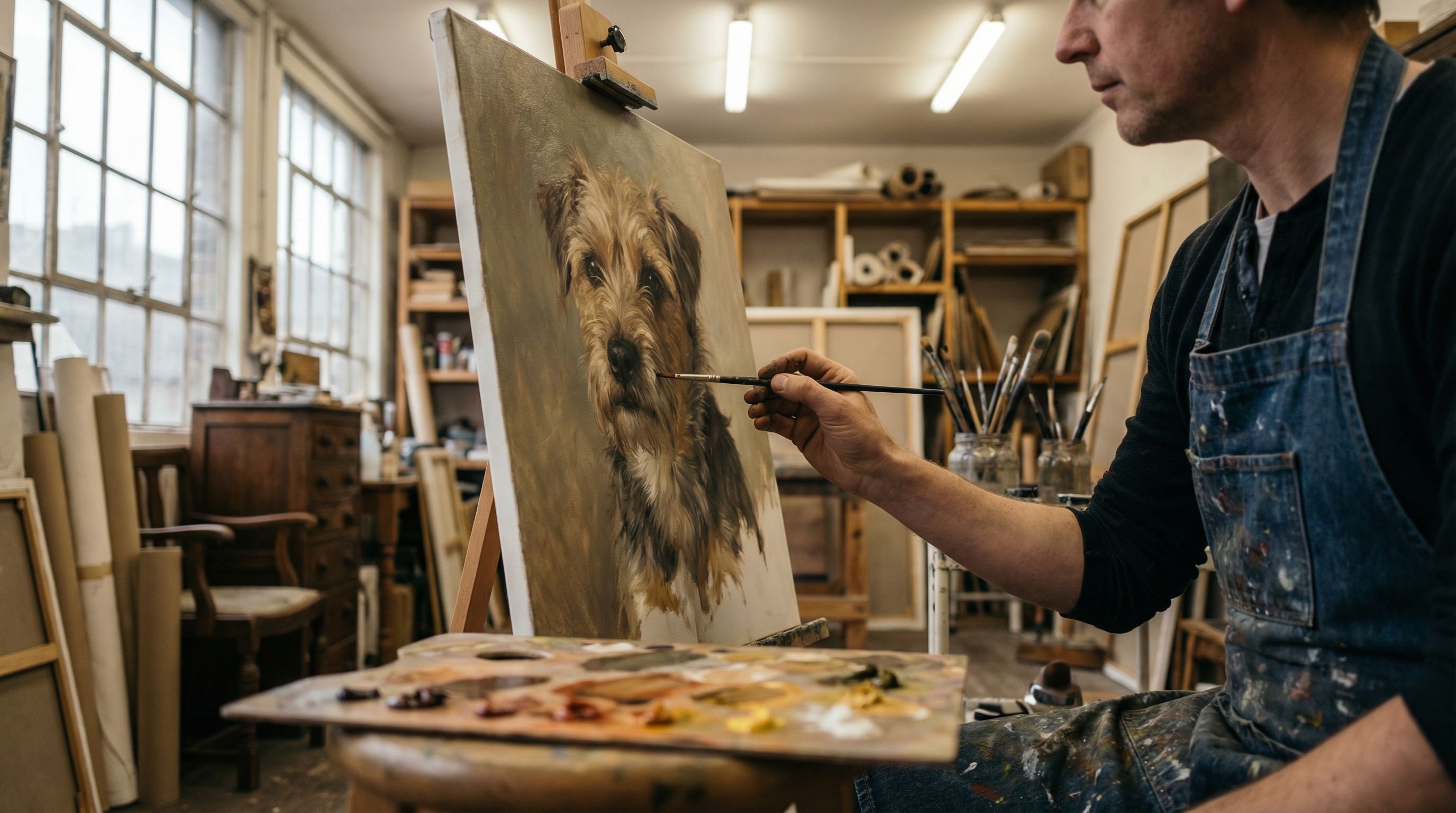Master fine artist painting a large-scale oil painting in a dimly lit professional studio