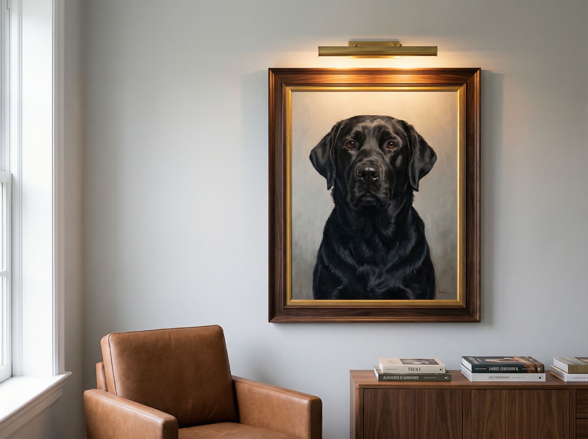 Large framed luxury pet portrait artwork displayed on a dark charcoal wall in an elegant living room