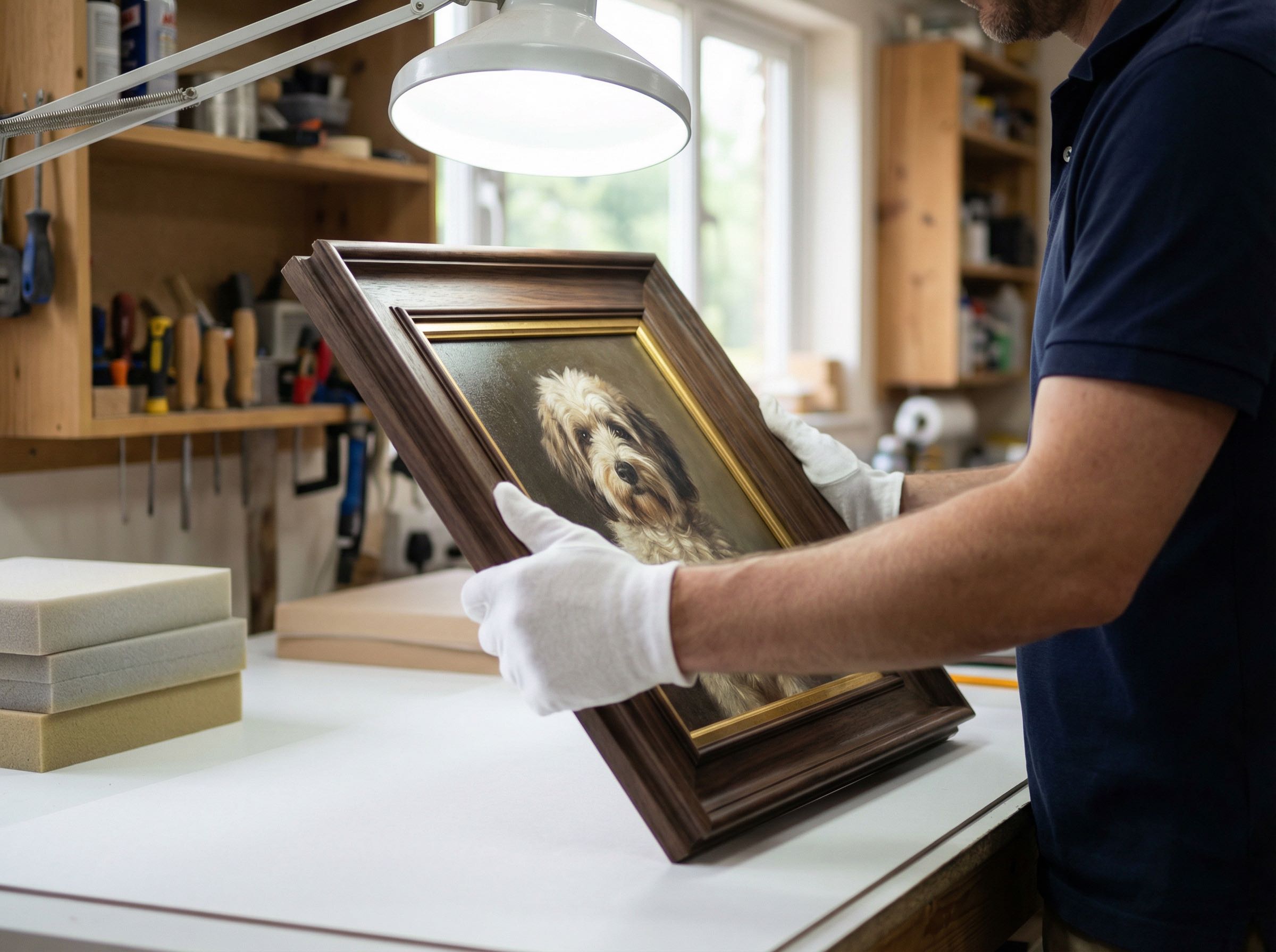 Craftsperson wearing white cotton gloves carefully inspecting a framed artwork under bright lighting