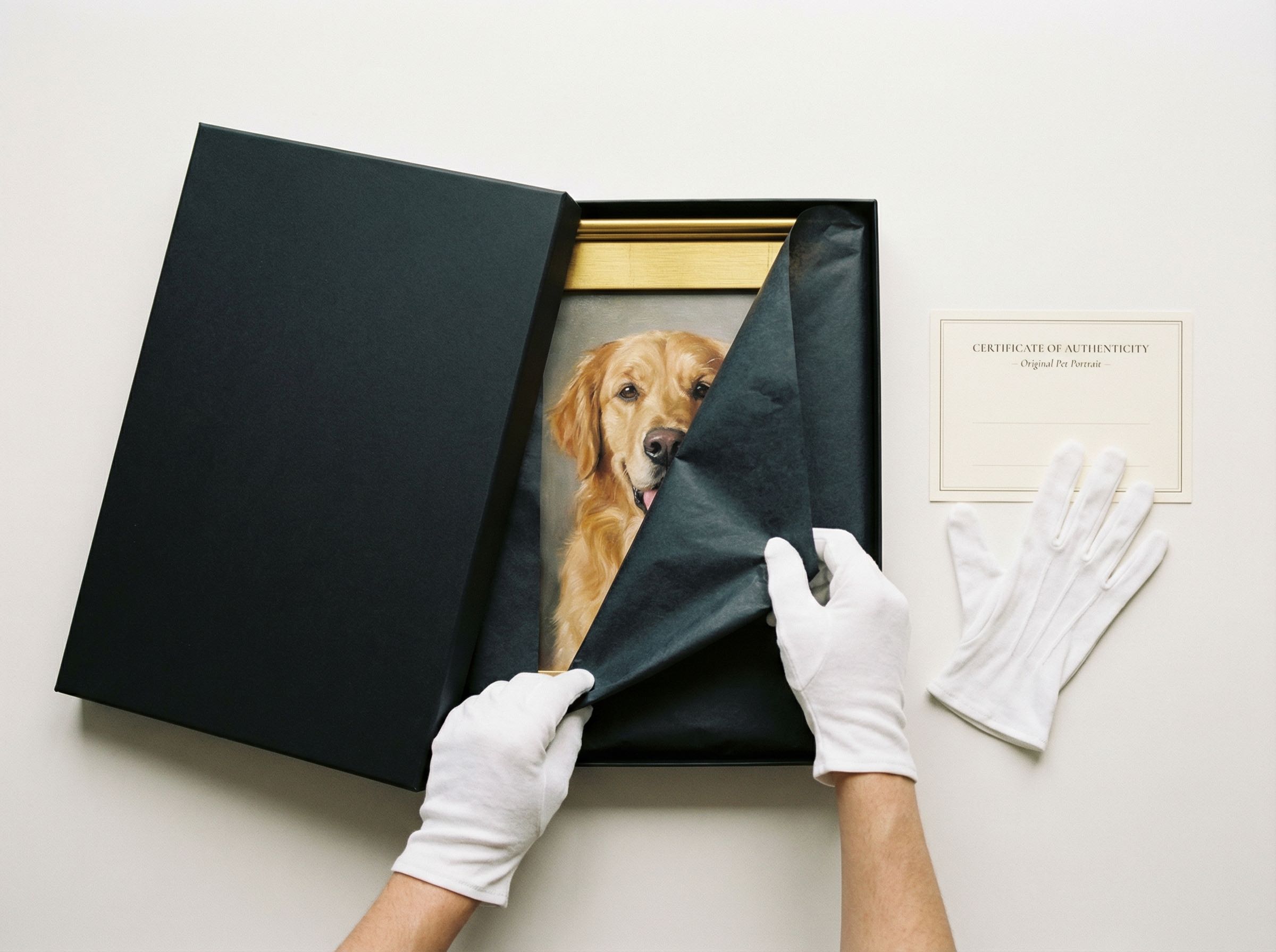 Luxury artwork unboxing experience with matte black presentation box and white cotton gloves