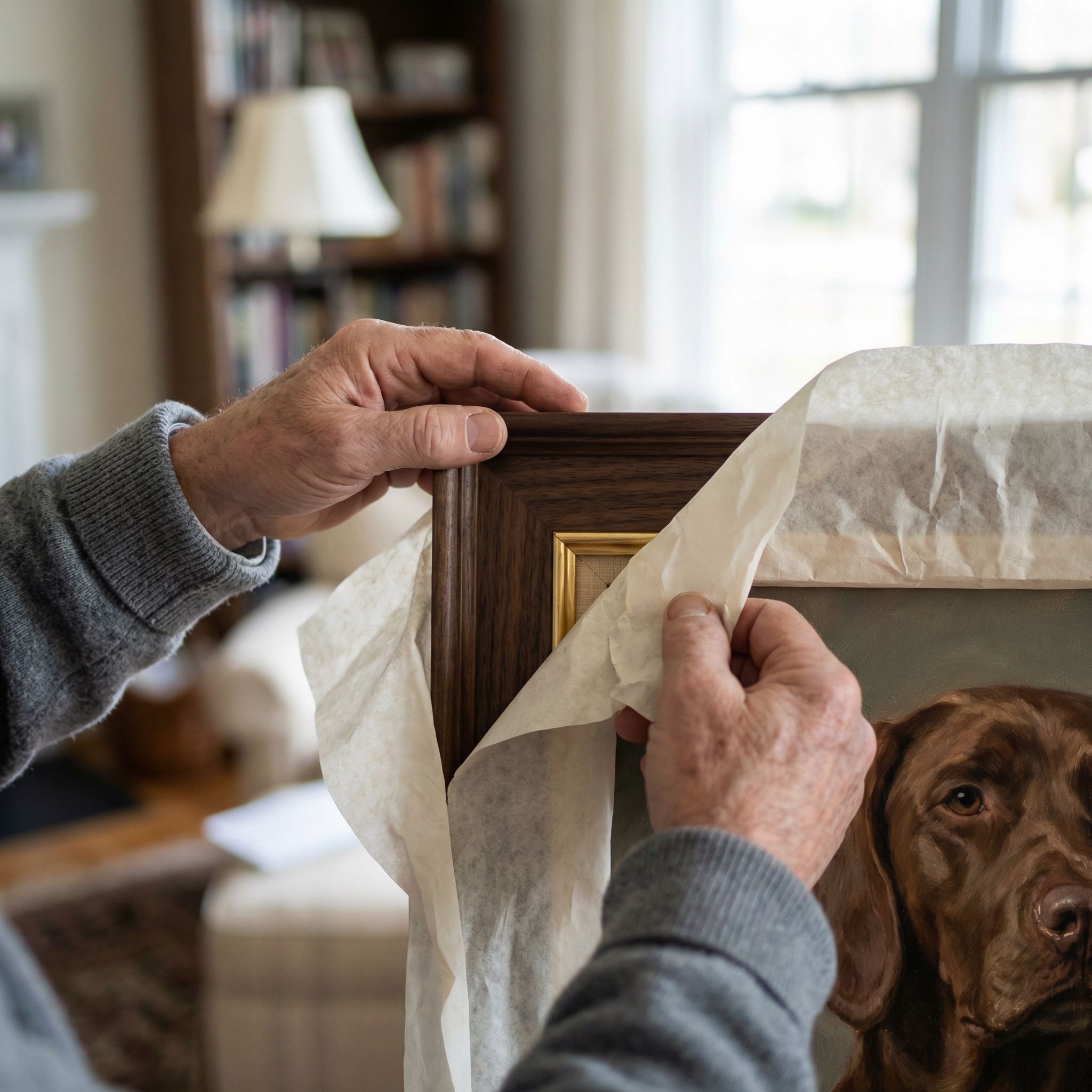 Person unwrapping a gilt-framed dog portrait on a leather armchair by a fireplace