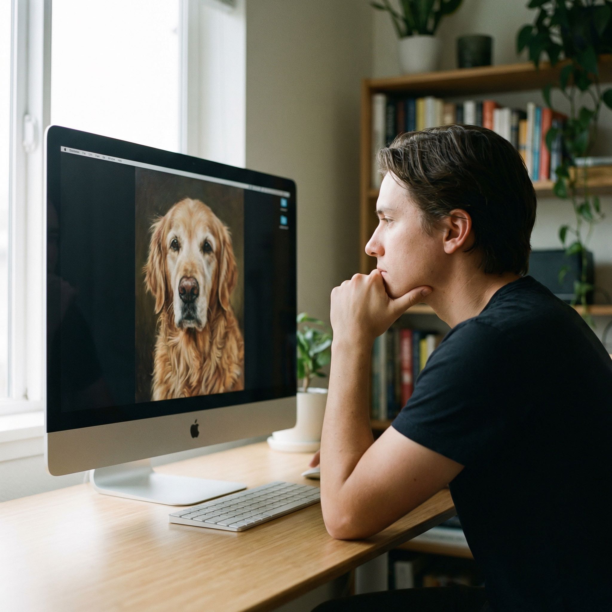 Person contemplating a framed dog portrait displayed on screen in a warm study