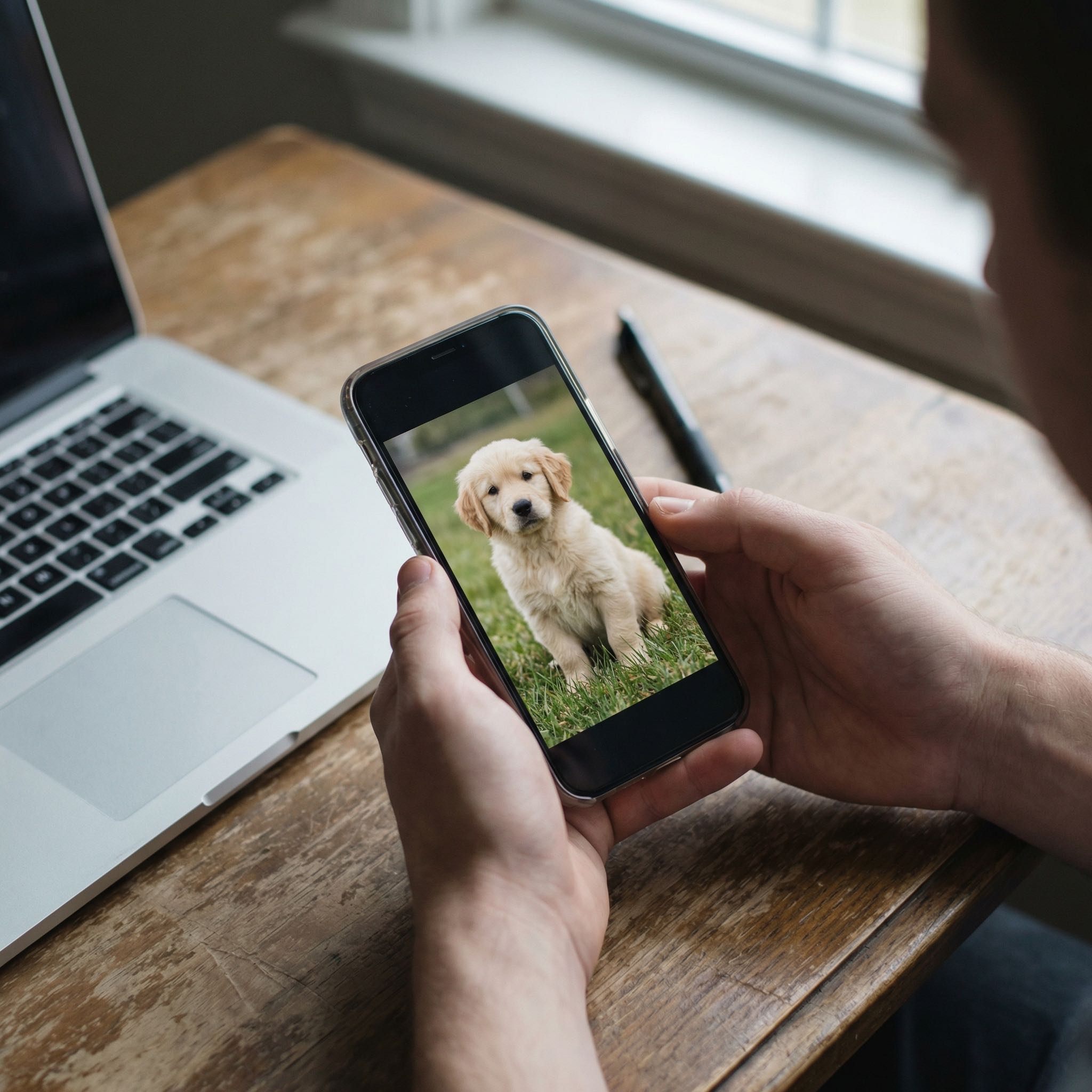 Hands holding a smartphone with a puppy photo above a laptop showing file upload interface